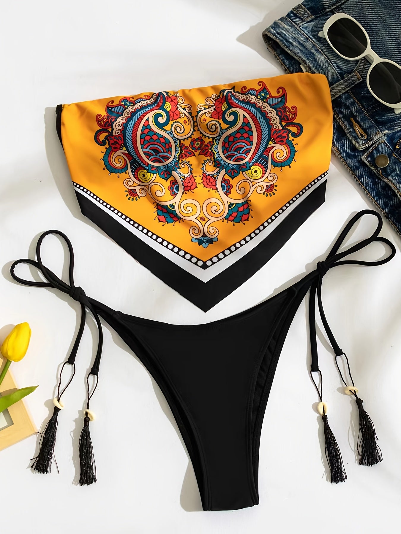 Paisley Print Napkin Shape Trim Bandeau Strapless Tube Top Tie Side Tassels Deco High Cut Two Piece Bikini Sets Swimsuit, Women's Swimwear for carnival & Music Festival