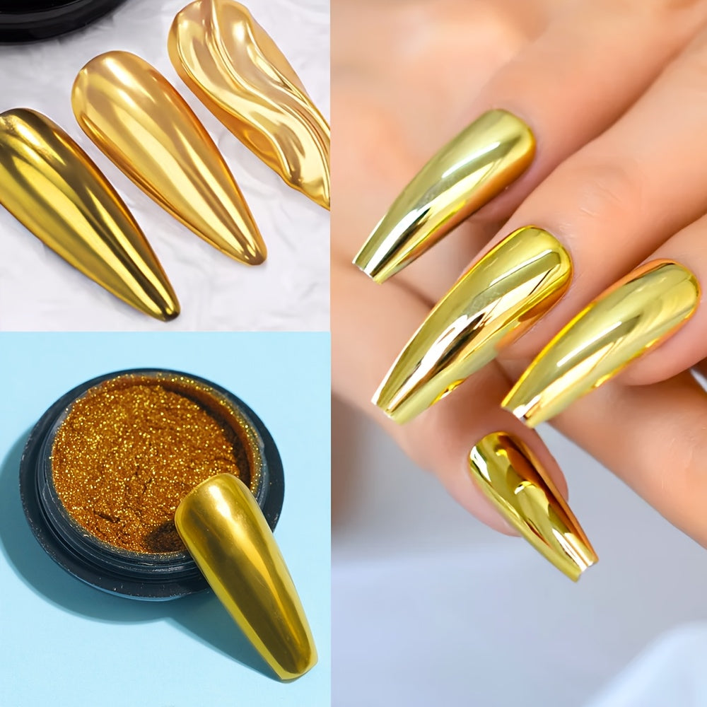 Magic Mirror Two-color Powder Dipping Set! Golden and red glitter + mirror super bright, with sponge brush, create noble high-end nail special effects, long-lasting without peeling off! One box can achieve advanced makeup eff