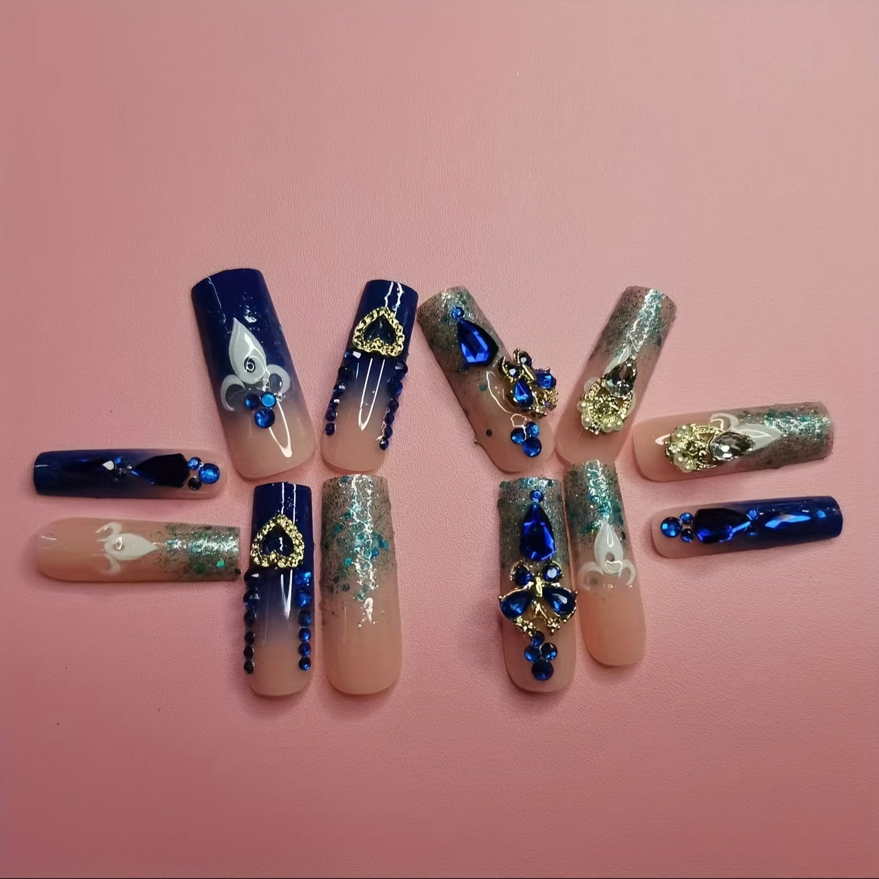 24pcs Luxe Blue Gradient 3D Press-On Nails with Rhinestones, Pearls & Golden Accents - Long Square Shape, Glamorous Heart & Floral Design for Elegant Manicures, Nail Art
