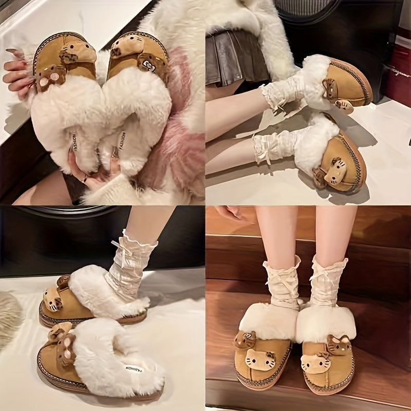 1pc Sanrio Hello Kitty Closed Toe Slippers, Women's Fashion Slip-on Kitty Cat Plush Slippers with Faux Plush Interior And Rubber Bottom, Cute And Warm Non-slip House Shoes, Birthday Gifts And Festival Gifts for Mom Or Girlfri