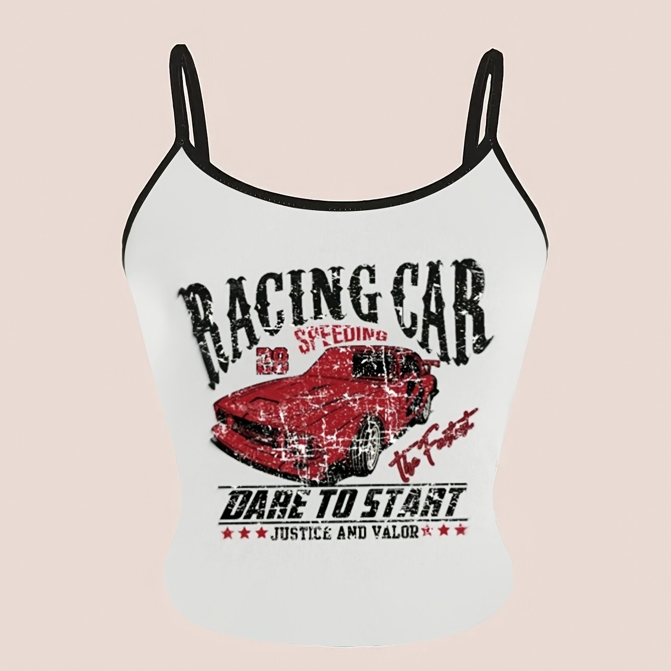 Y2K Style Racing Car Print Crop Top, Sleeveless Spaghetti Strap Tank Top for Women, Summer Letter & Symbol Design, Fashionable & Trendy, No Underwire, Y2K Fashion