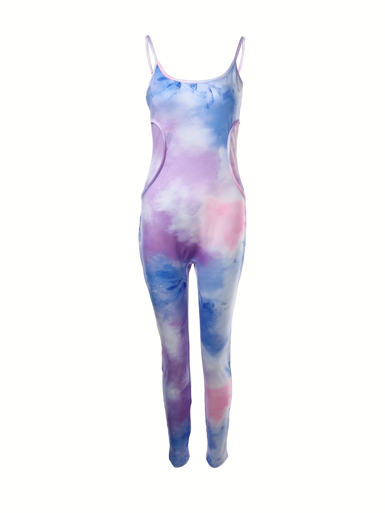 Tie-Dye Stitching Backless Jumpsuit, Scoop Neck Slim Fit Lounge Wear for Women