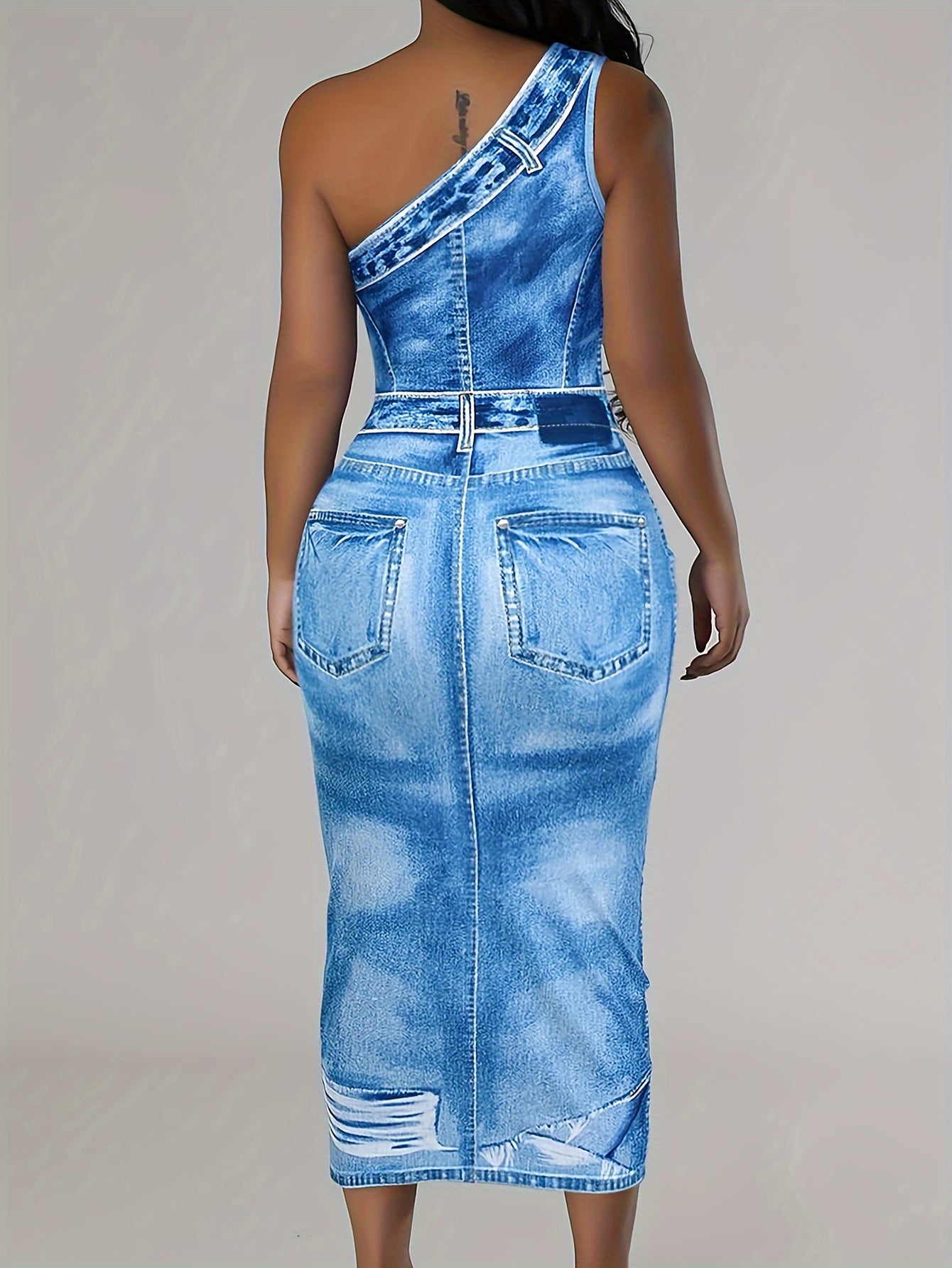 Women'S Summer Asymmetrical Off-Shoulder Sleeveless Knit Denim Print Dress - Elegant, Skinny Fit, Long Length, Polyester Fabric, No Belt, Straight Hem, Bodycon Style, Adult, Sleeveless Dress | Asymmetrical Neckline | Knit Tex