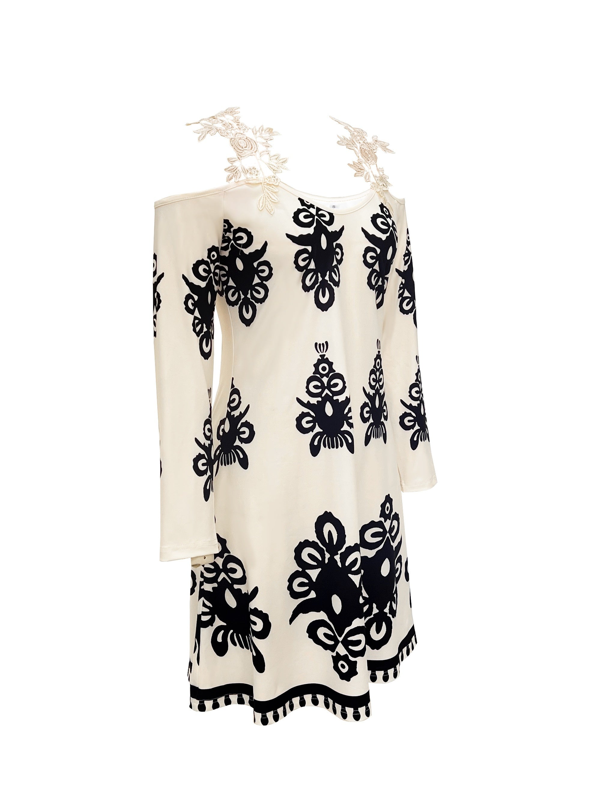 Elegant Off-Shoulder Printed A-Line Dress - Dacron and Spandex Blend, Polyester 95%, Elastane 5%, Knit Fabric - For All Seasons - For Women - Perfect for Parties, Weddings & Casual Occasions - Great Gift for Her
