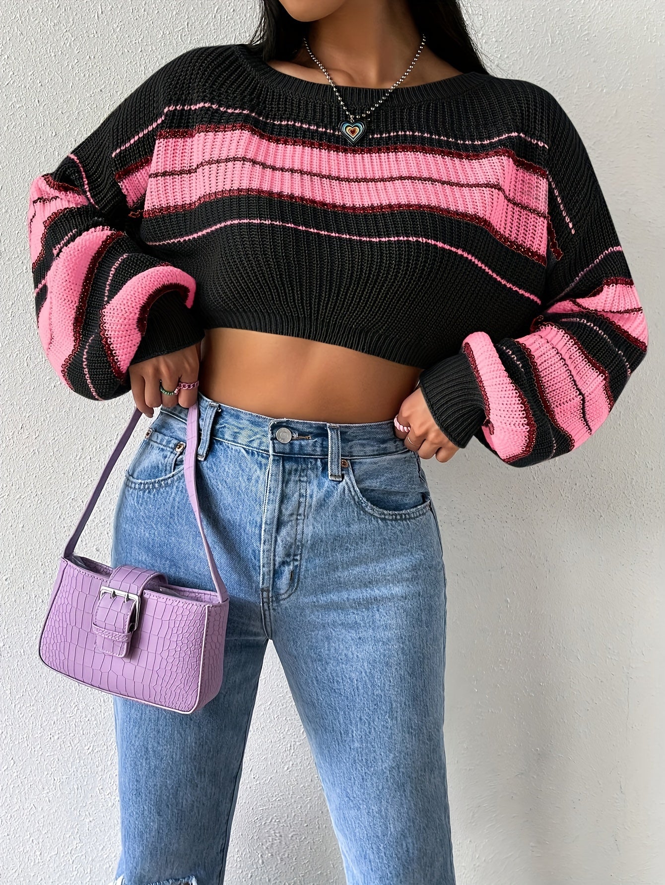 [Boat Neck Striped Pullover] Striped Boat Neck Pullover Sweater, Elegant Lantern Sleeve Drop Shoulder Crop Sweater, Women's Clothing