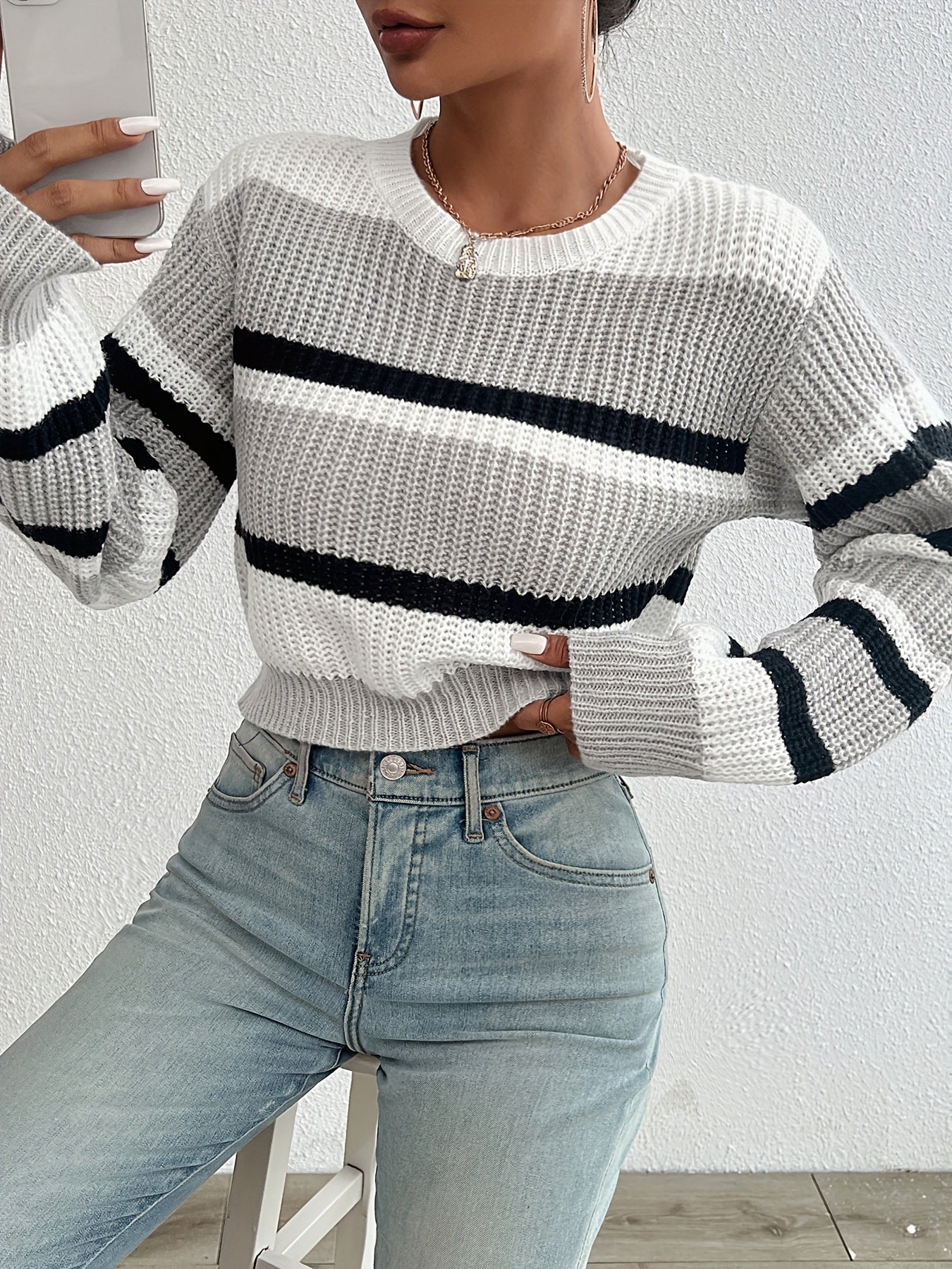 Casual Colorblock Knitted Crew Neck Sweater - Drop Shoulder Long Sleeve - Women's Clothing
