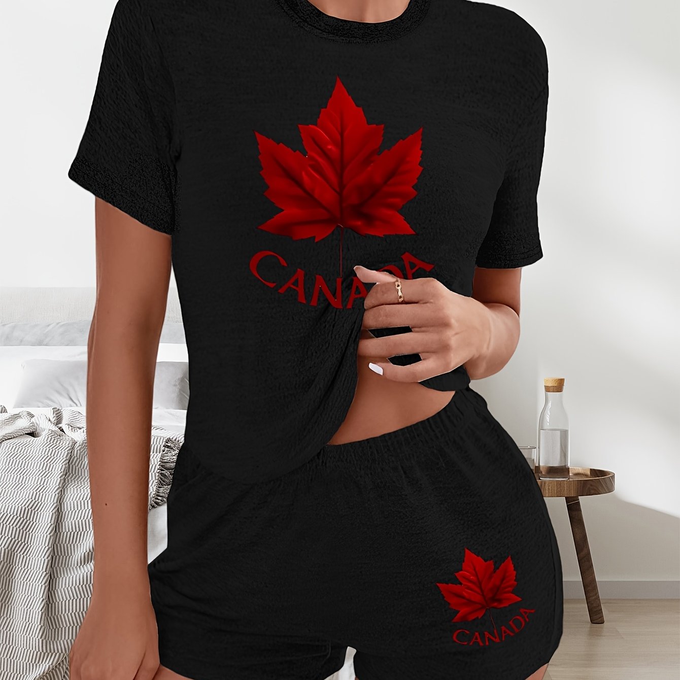 Women'S Casual Polyester Two-Piece Set with Canadian Maple Leaf Print, Crew Neck Short Sleeve Tee and Shorts, Knit Fabric, All-Season Wear