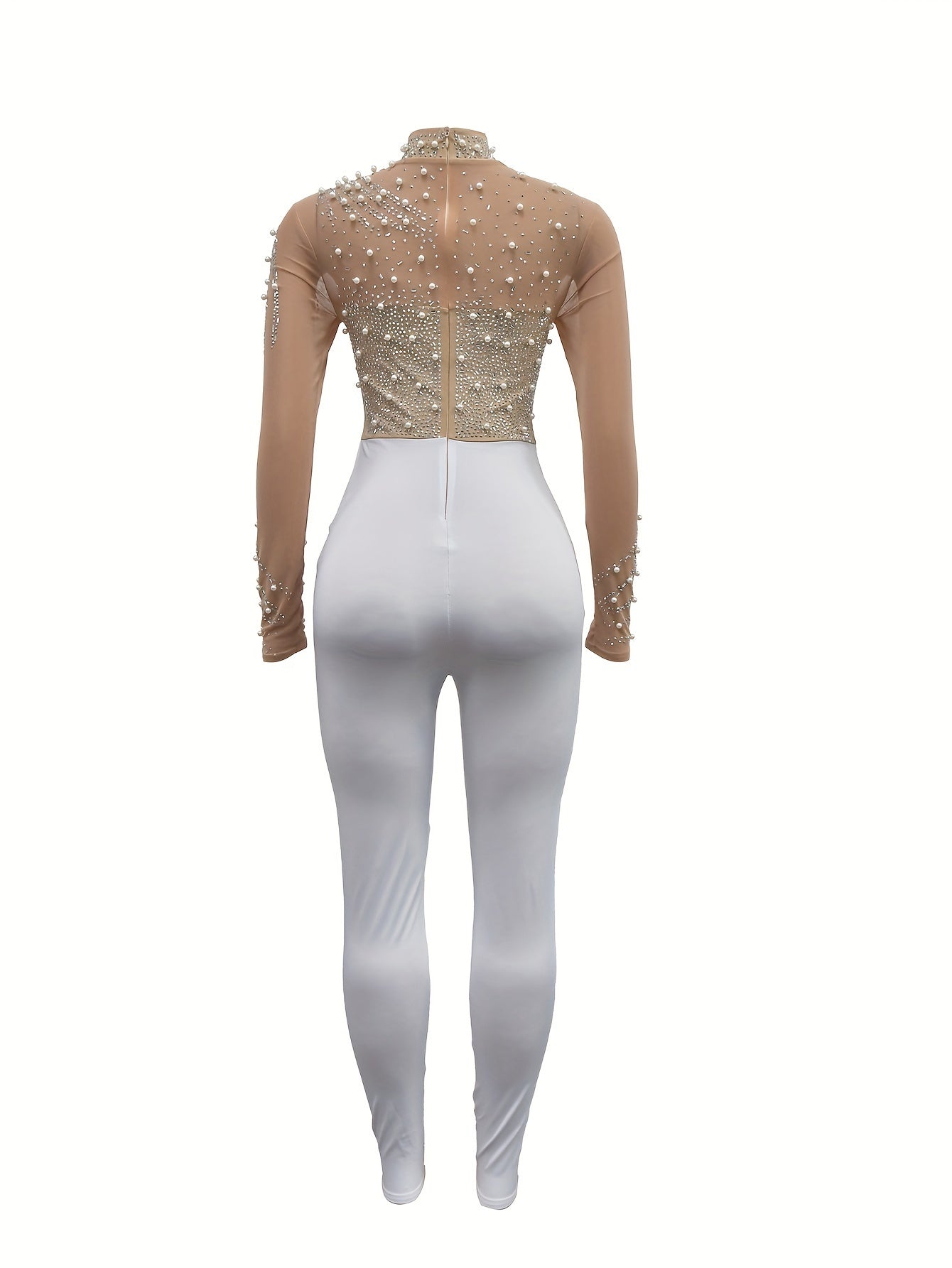 Rhinestone Illusion Neck Jumpsuit, Elegant Long Sleeve Tight Jumpsuit For Party & Club - Women's Clothing -  Sparkly Rhinestone Design -  Suitable for Evening Events & Parties - Perfect Gift for Women