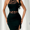 Women's Stylish Black Bodycon Dress with Crisscross Lace Detail - Sexy Round Neckline, Medium Elasticity, All-Season Knit Fabric, Spaghetti Straps, Flared Hemline, Cocktail Attire | Formfitting Attire | Polyester Blend, Tight