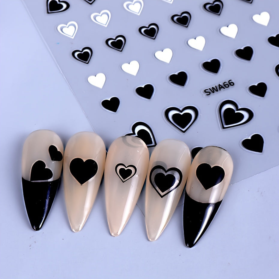 8pcs Rectangle Self-adhesive Glossy Plastic Nail Stickers, Pink Black White, Heart Pattern, Valentine Design, Golden Geometry Wave Lines Stripe Stars, Fantasy Theme, with Glitter, for Manicure Decoration