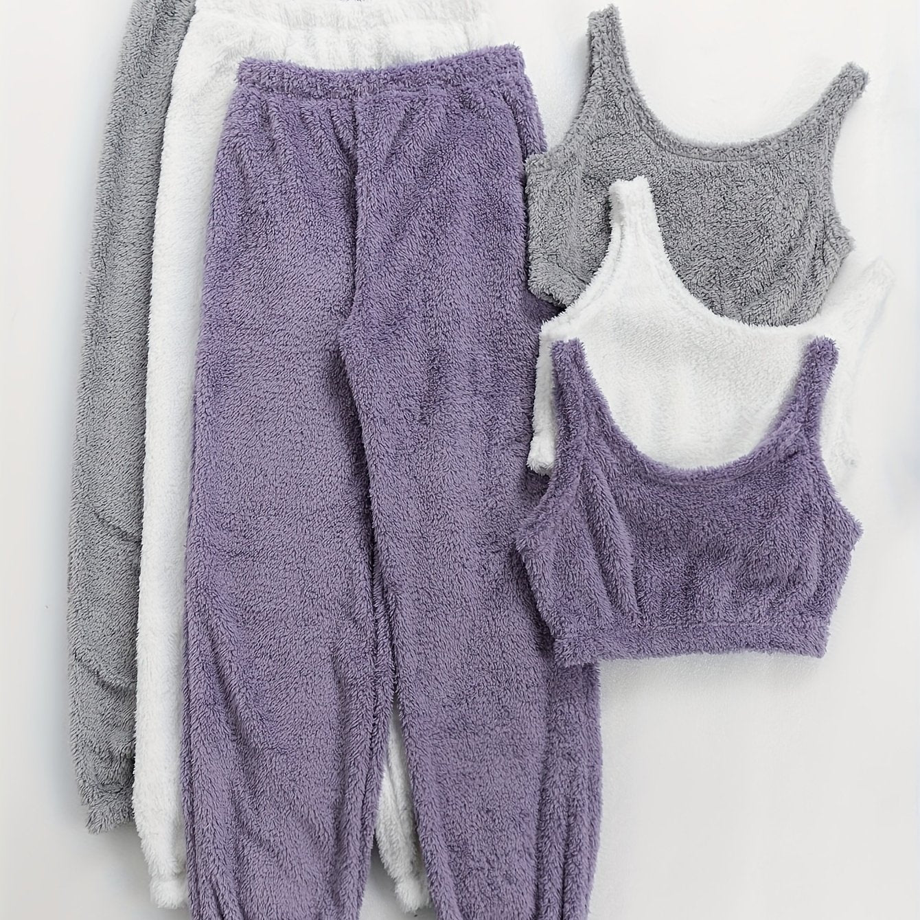 Women's Winter Plush Loungewear Set - 3 Pack Soft Crop Tank Tops And High-Waisted Jogger Pants