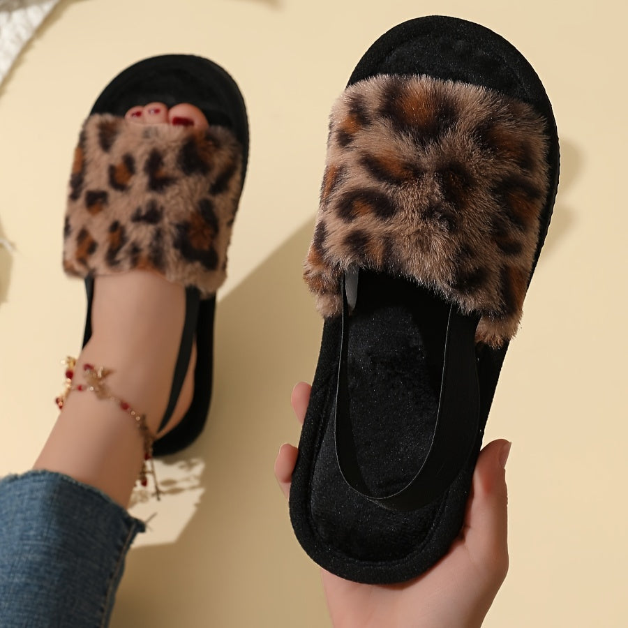 Leopard Print Fuzzy Flat Slippers, Open Toe Elastic Strap Slip On Shoes, Cozy & Warm Home Slipper Sandals - Plush Fleece & Rubber Sole - For Women & Men - Perfect for Relaxing at Home - Ideal Gift for Birthday & Holidays