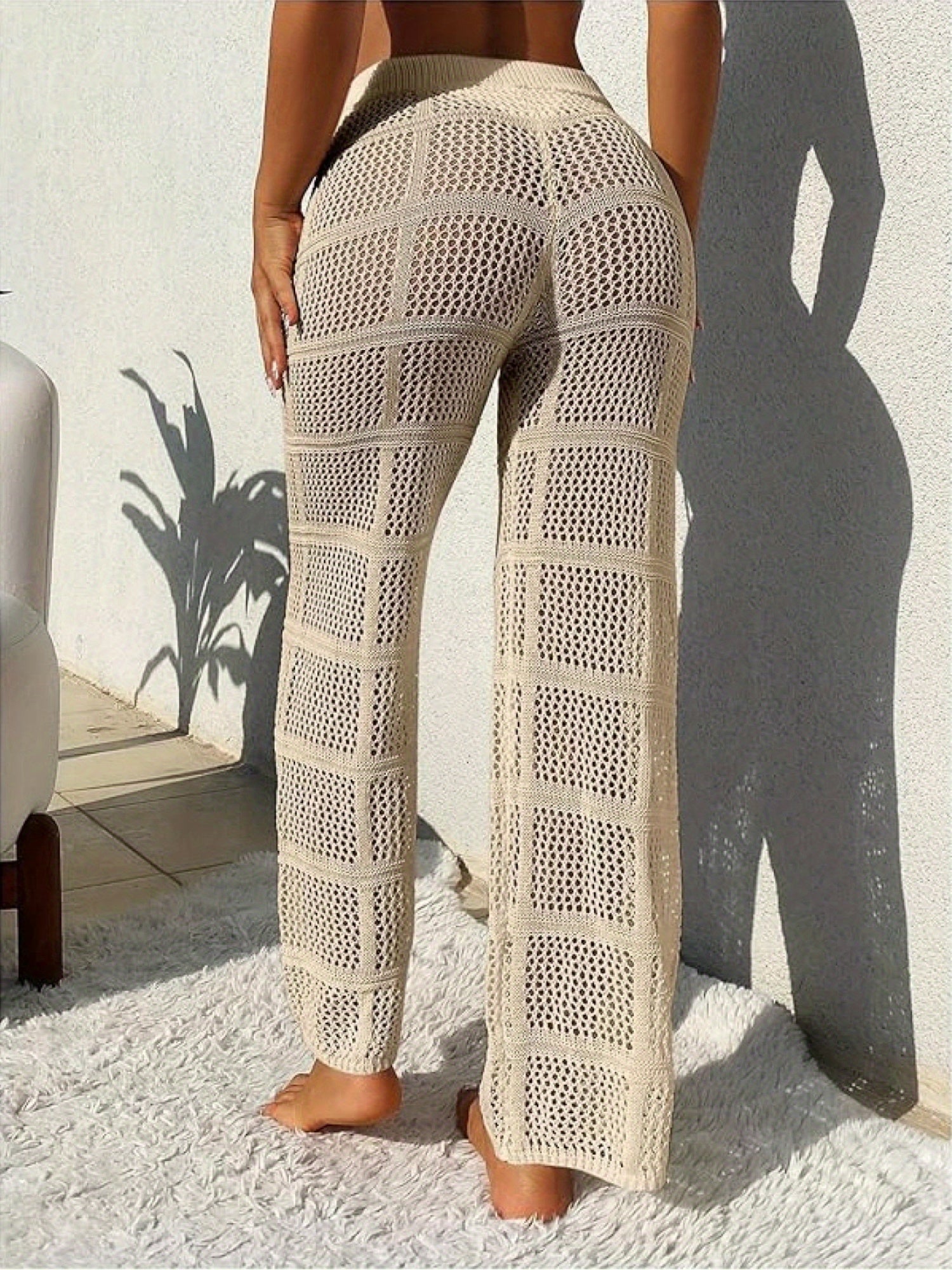 Women'S Crochet Sheer Swim Cover Up Pants - Drawstring, Hollow Out Loose Beach Pants, Summer Vacation Style, Knit Material, Long Length, No Belt, Relaxed Fit, Beach Coverup|Hollowout Design|Drawstring Waist, Beach Clothes