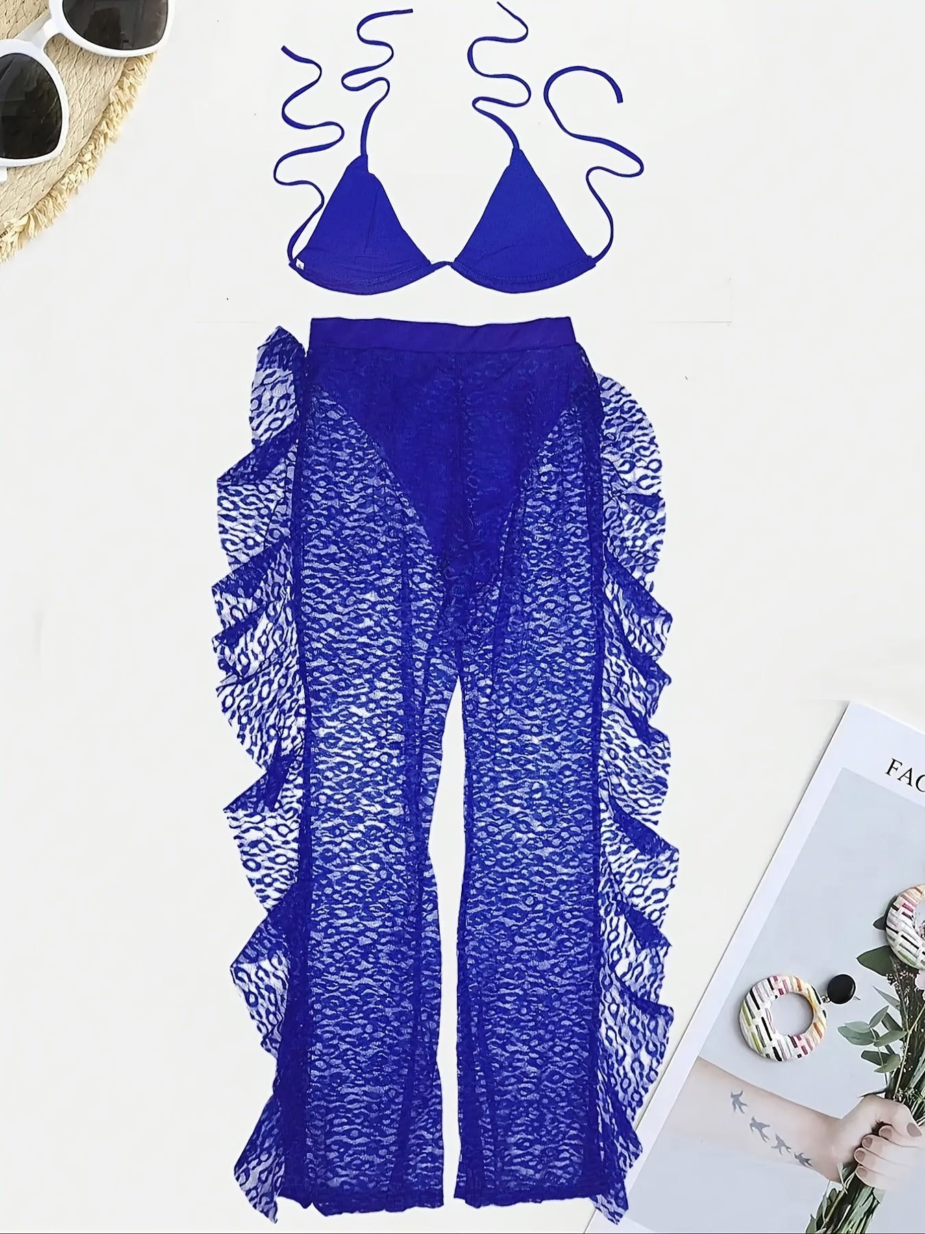 Women's Elegant Blue Lace Two-Piece Set - Off-Shoulder Crop Top & High-Waisted Pants, Breathable Polyester/Spandex Blend, Perfect for Spring/Summer Fashion, Spring Fashion Outfit|Feminine Apparel|Delicate Lace Texture
