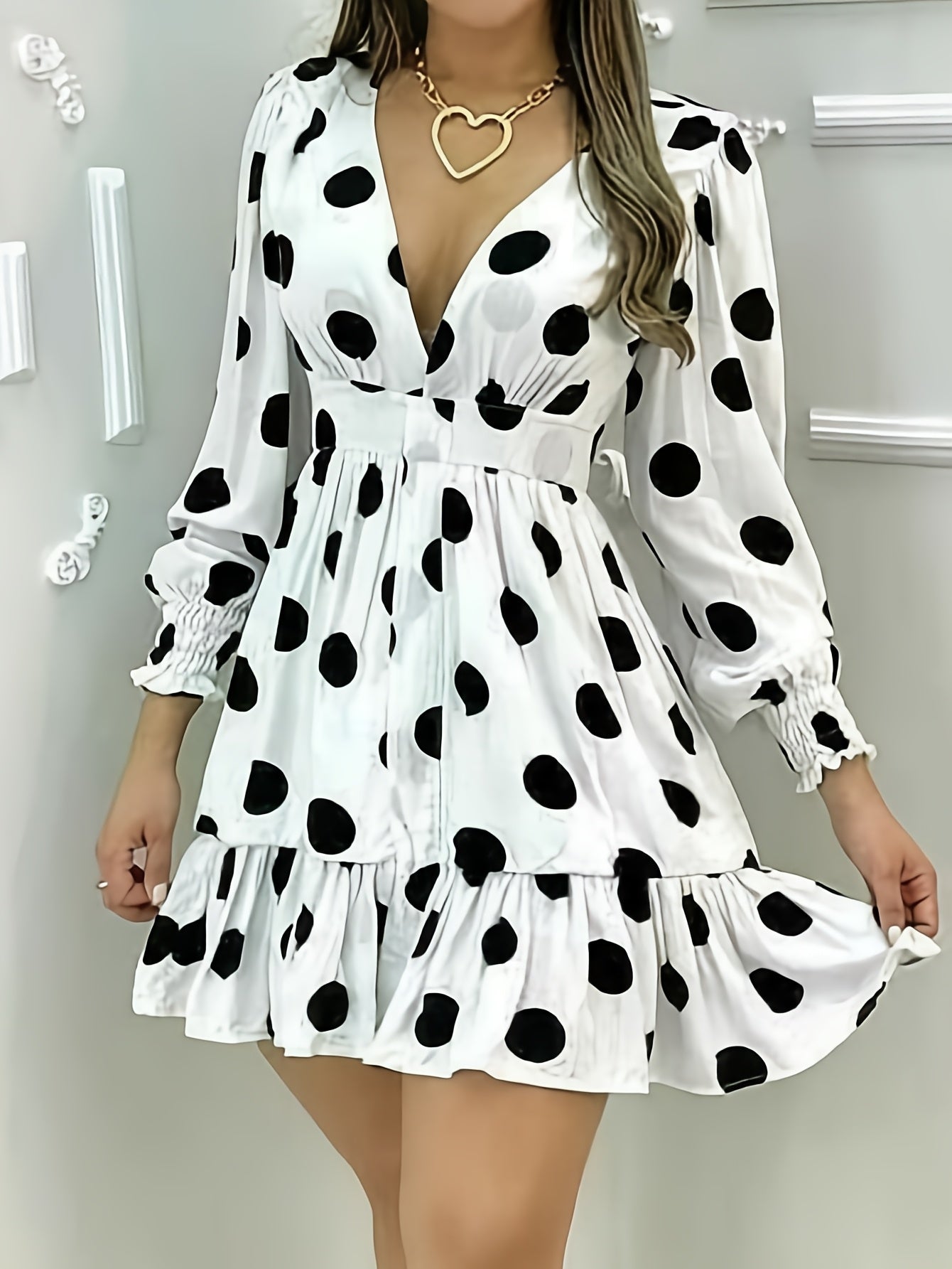 Women'S Fashion Polka Dot Print V-Neck Fitted Dress with Frill Detail, Polyester Woven Fabric, All-Season Versatile Style