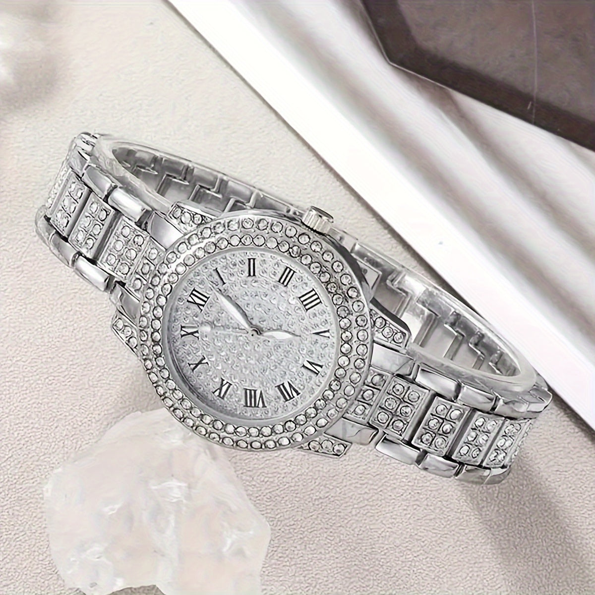 6pcs Elegant Women'S Jewelry Set - Zinc Alloy Body with Rhinestone Embellishments, Includes Quartz Roman Numerals Watch, Bracelet, Ring, Earrings, and Pendant Necklace - Versatile for Daily Wear and Gifting