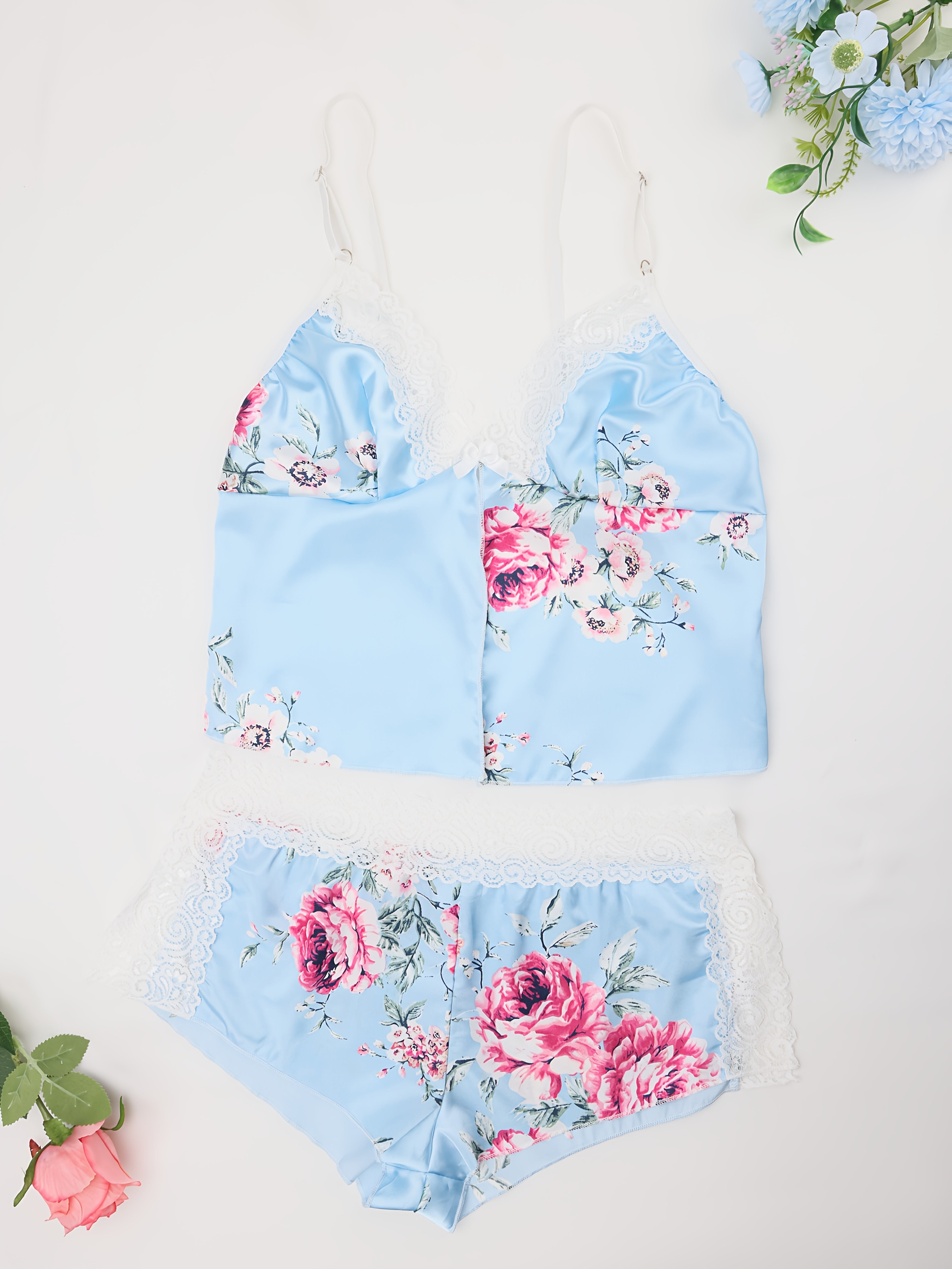 Valentine'S Day Rose Print Satin Lace Patchwork Slit Sexy Pajama Set