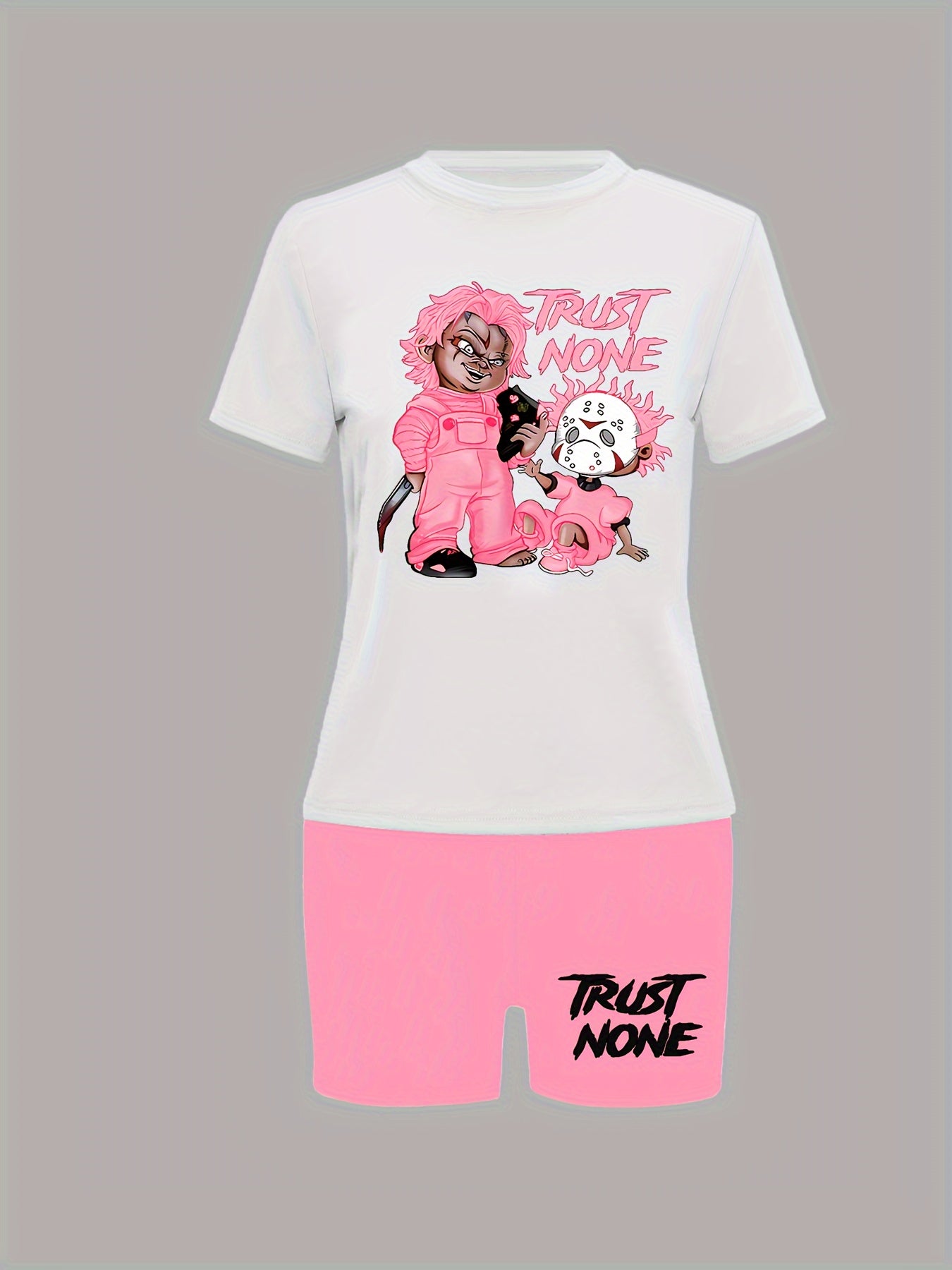 Sexy Orange & White Graphic Print Two-Piece Set - Women's "TRUST NONE" Short Sleeve T-Shirt & High-Waist Shorts, Polyester Blend, Machine Washable
