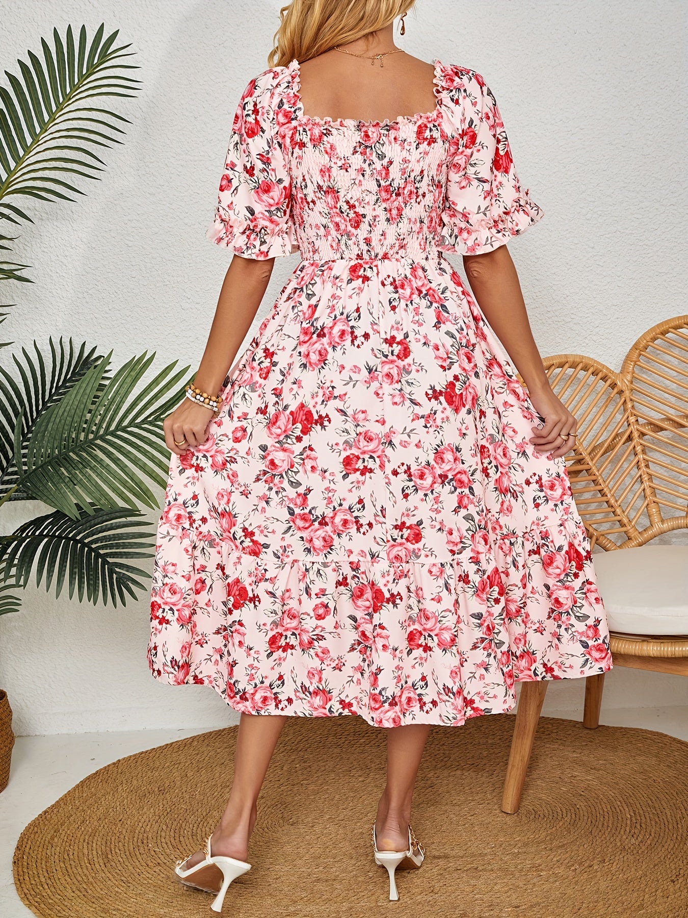 Chic Floral Print Midi Dress with Ruffle Sleeves and Square Neckline - Polyester, Non-Stretch, Machine Washable - Ideal for Spring/Summer Vacations and Gatherings