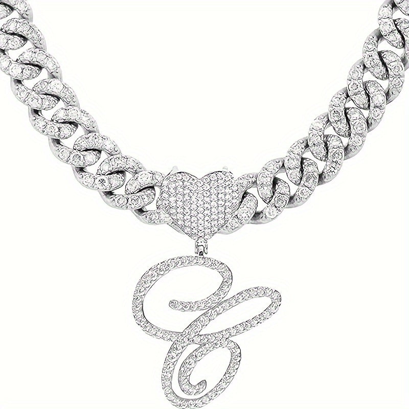 Silvery Cuban Link Necklace - Heart-shaped Alphabet Pendant on Ice Chain - Unisex Hip-hop Jewelry Gift