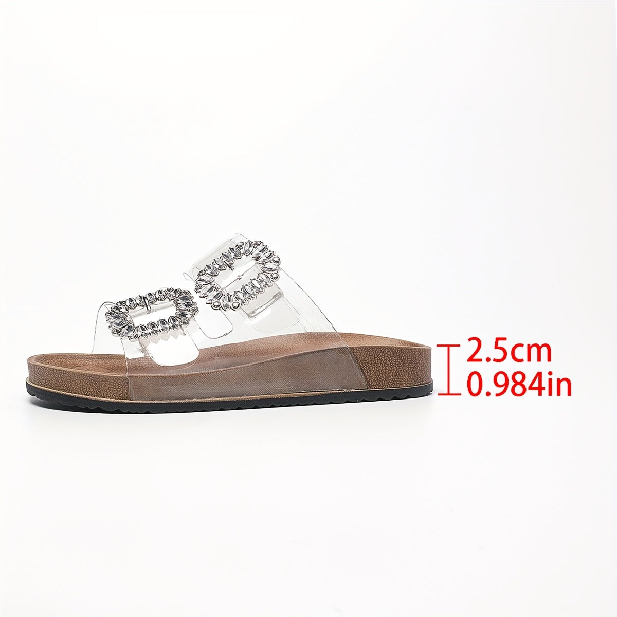 Women's Casual Versatile Double Strap and Buckle Flat Slippers, New Summer Rhinestone Square Buckle Outdoor Thick Sole Transparent Beach Shoes