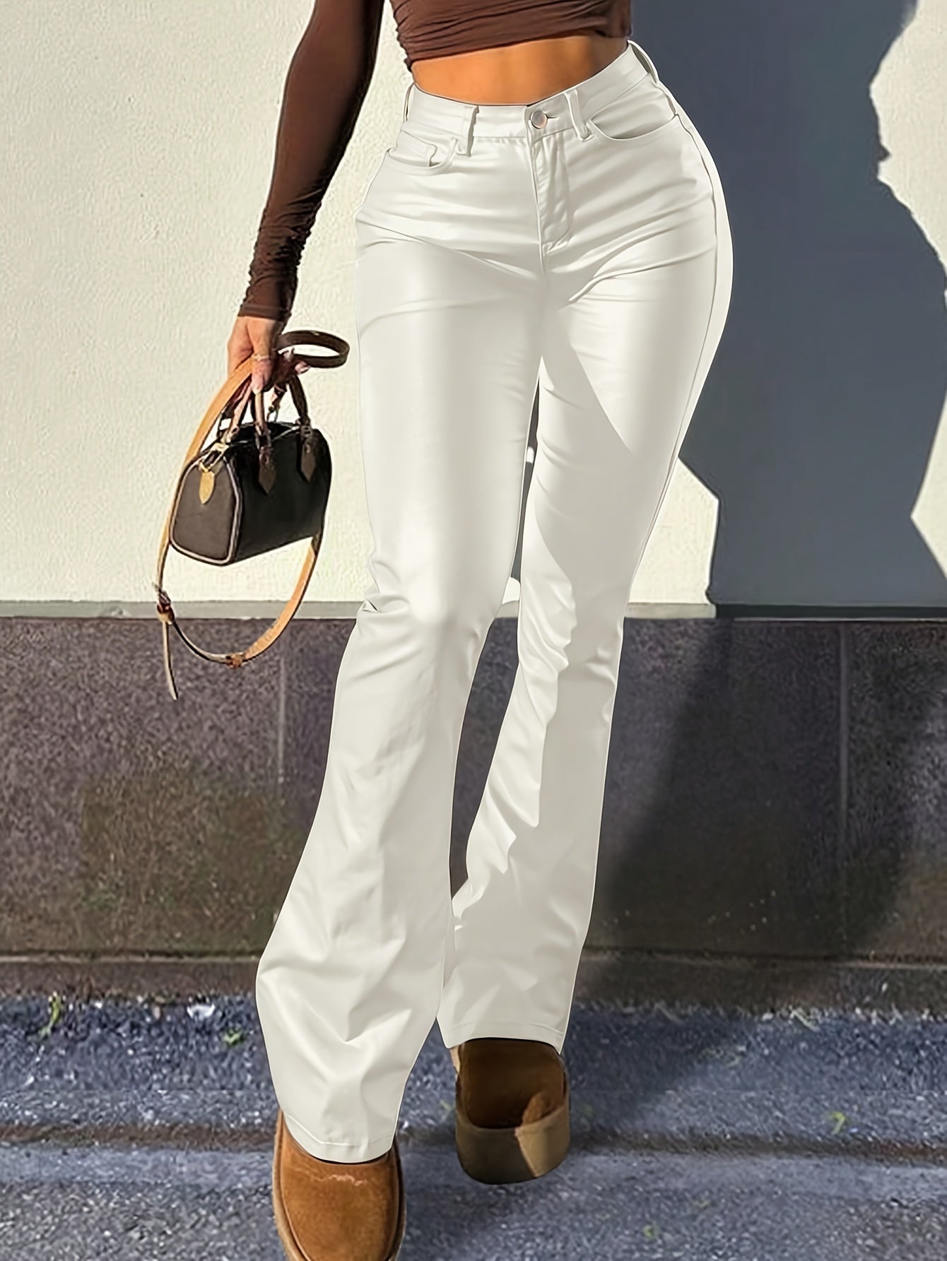 Women'S Chic High-Waisted Flared Trousers, Solid Color, & Viscose Blend, Elastic Waistband, Woven, with Pockets, All-Season Flare Leg Pants
