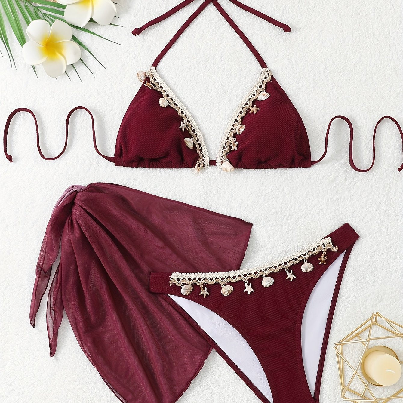 3pcs QVR Women'S Summer Fashion Ruffle Bikini, Polyester and Elastane Blend, Solid Color, High Stretch Knit Fabric, with Lace-Up Detail, for Sun Protection Swimwear Set