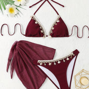 3pcs QVR Women'S Summer Fashion Ruffle Bikini, Polyester and Elastane Blend, Solid Color, High Stretch Knit Fabric, with Lace-Up Detail, for Sun Protection Swimwear Set