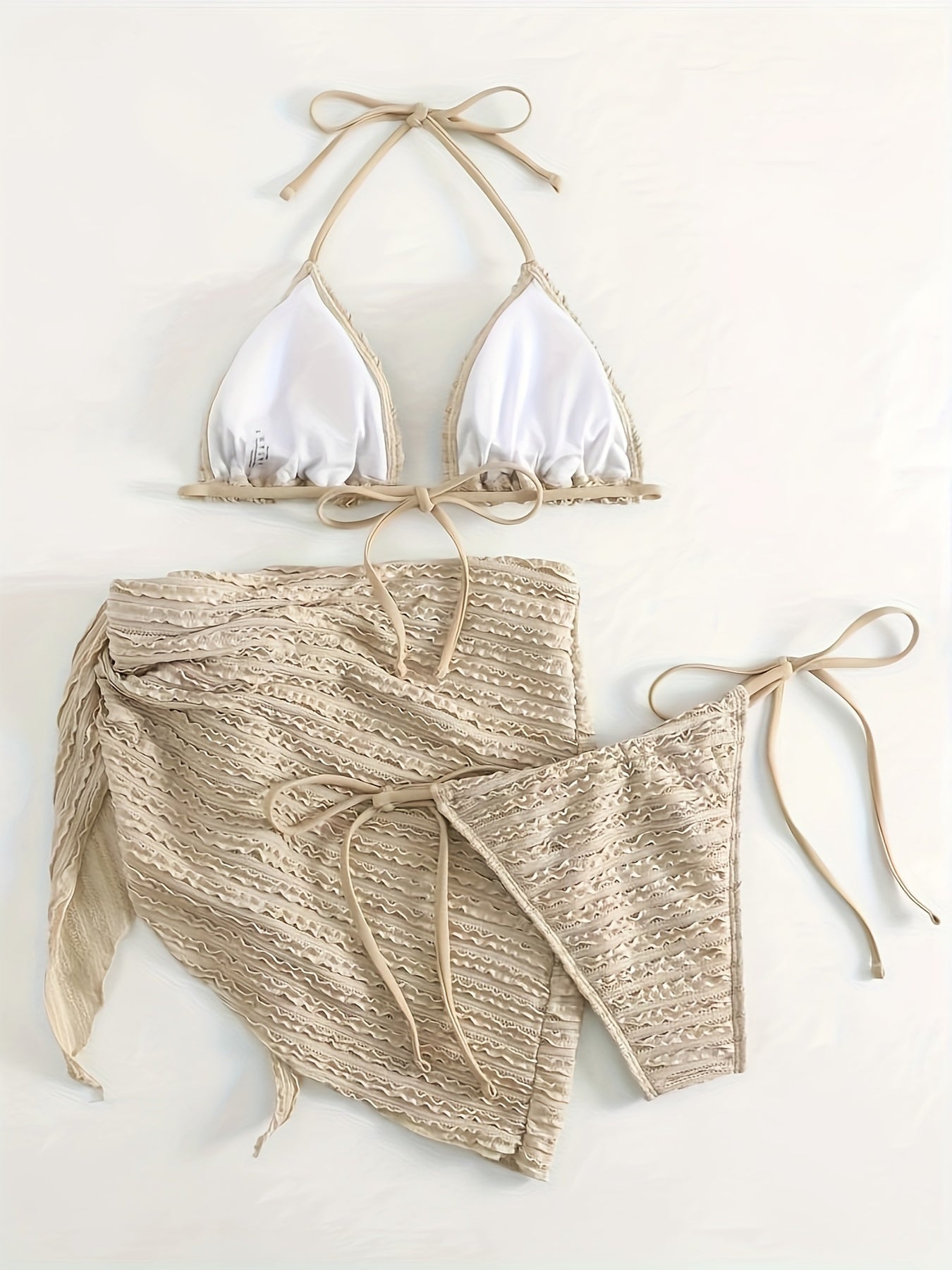 Plain Textured Fabric 3 Piece Set Bikini, Halter V Neck Tie Side High Cut With Cover Up Skirt Swimsuits, Women's Swimwear & Clothing Triangle Top