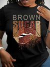 [Bold Style] Women's "Brown Sugar" Glitter Lip Print T-Shirt - Casual Short Sleeve, Round Neck, Black with Golden and Pink Accents, Spring/Summer Fashion