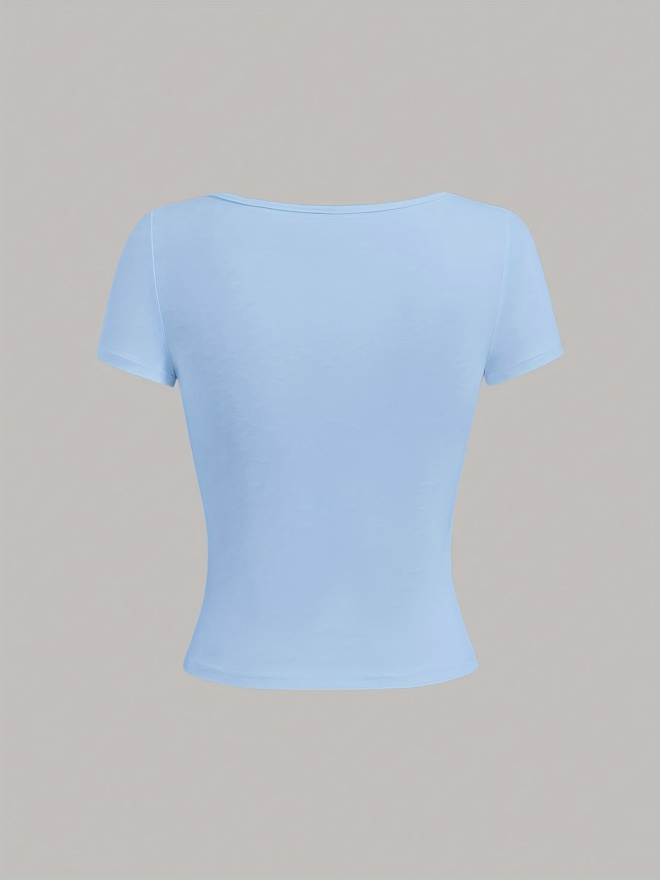 Ezwear Light Gray Knitted Women'S Summer Short-Sleeve Fitted T-Shirt with Bow Decoration And Square Neckline.