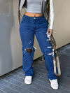 Ladies' Mid Waist Casual Ripped Denim Straight Leg Pants, Comfortable And Versatile, Suitable For Daily Use, Campus, Gatherings, And Travel