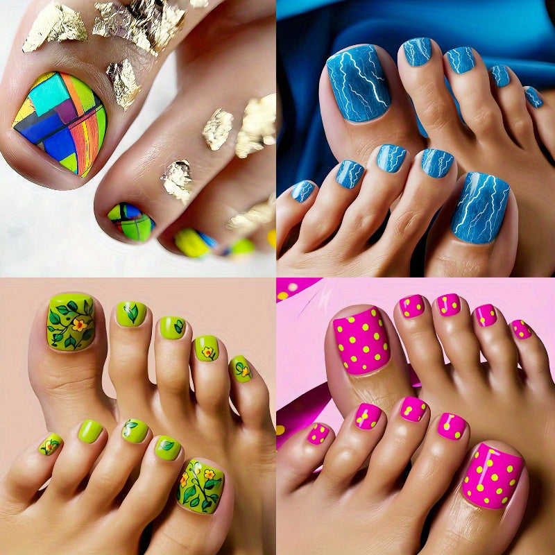 96pcs (4Pack)Reusable Nail Stickers with Mixed Color Short Squares, Glossy Surface, Leaf And Flower Patterns, Suitable for Spring And Summer Fashion Press Nail Stickers