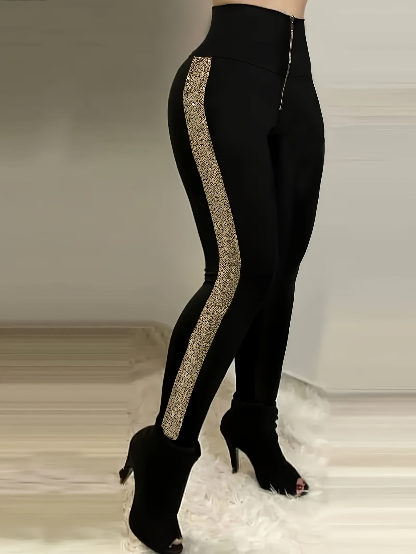 Elegant High-Waist Zippered Pants with Glitter Accents - Stretchy Polyester & Elastane Blend, Slim Fit Long Trousers for Evening Events, Women's Fashion, Party Trousers|Sleek Fitted Pants|Zipper Closure, High Waisted Leggings