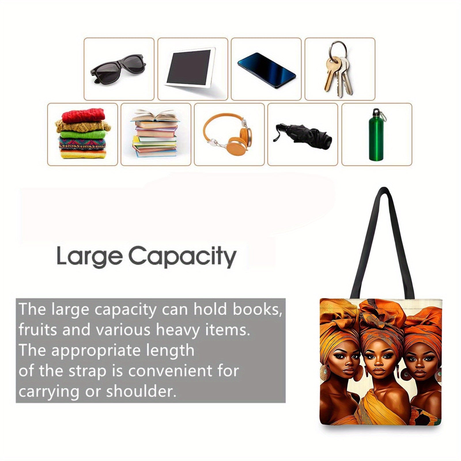 1pc African-Inspired Polyester Tote Bag, Large Capacity, Reusable Shoulder Shopping Bag with Fixed Strap, Machine Washable, Unlined, Open Closure for Daily Commute, Travel, Beach - Ideal Gift for Women and Family