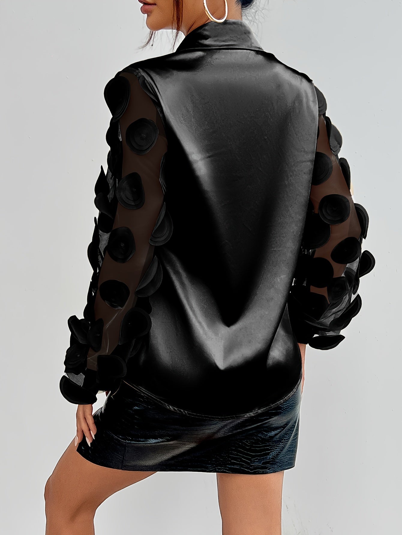Circle Applique Mesh Stitching Long Sleeve Button-Down Shirt for Women, Spring/Fall Chic Slim Fit