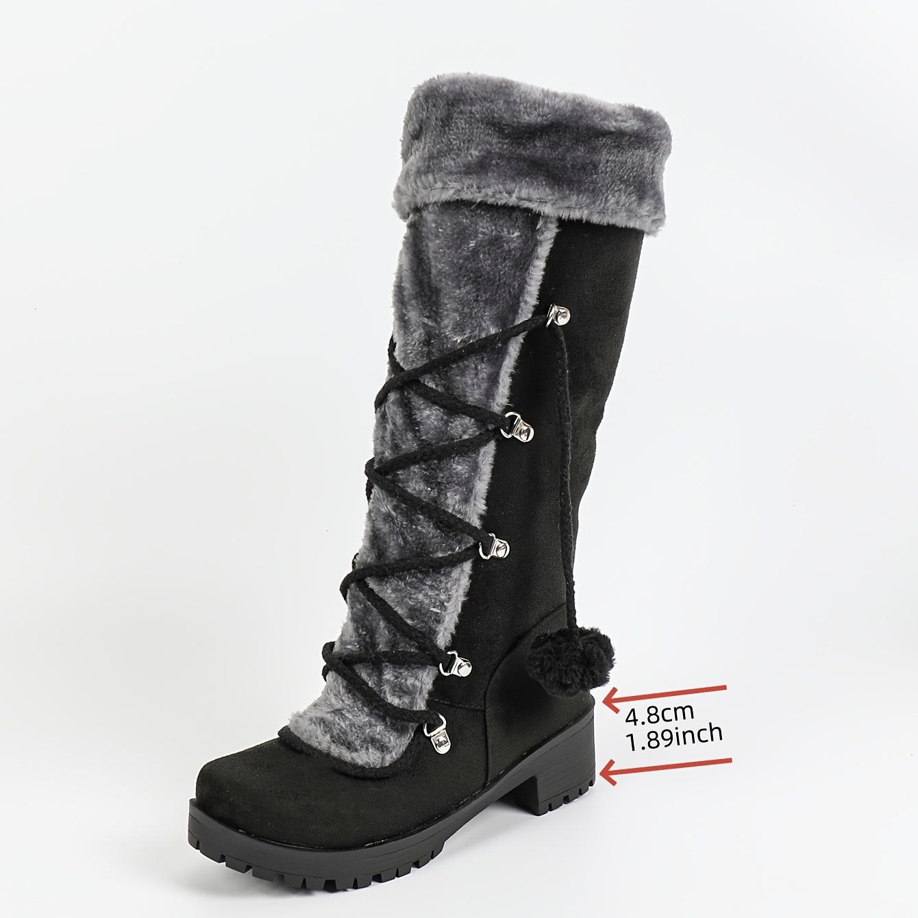 Warm Mid-Calf Winter Snow Boots - Elegant Women's Fur-Lined Knight Boots with Chunky Heel, Pom-Pom Accents & Side Zipper - Cozy Thermal Insulated Riding Boots for Cold Weather