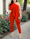 2pcs Sets for Women - Off-Shoulder Ruffled Sleeve Top & Wide-Leg Pants, Vibrant Red Casual Chic Outfit, Machine Washable Spring Summer Outfits for Brunch, Office, or Casual Outings, Brunch Attire | Nontransparent Fabric