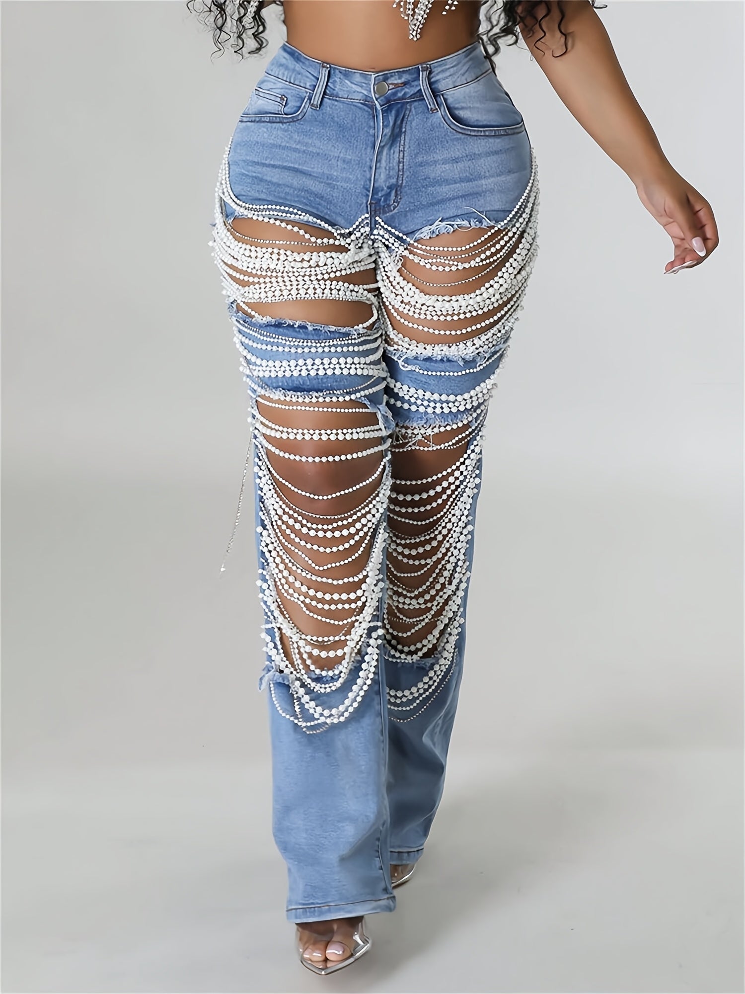 Straight Leg Jeans For Women Mid-Rise Distressed Ripped Hole Pearl Chain Denim Pants
