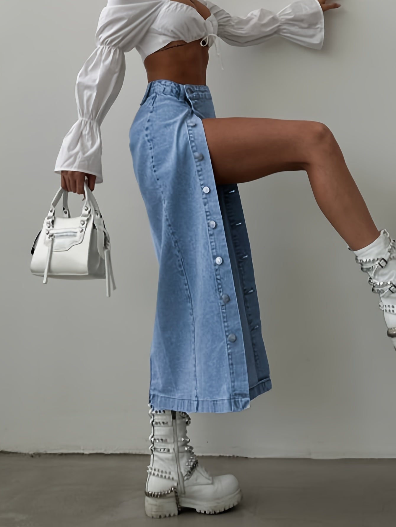 1pc NVFelix Women'S Casual Denim Midi Skirt, Front Button Detail, Solid Color, Non-Stretch, Straight Cut, Woven Fabric, for Spring/Summer/Autumn