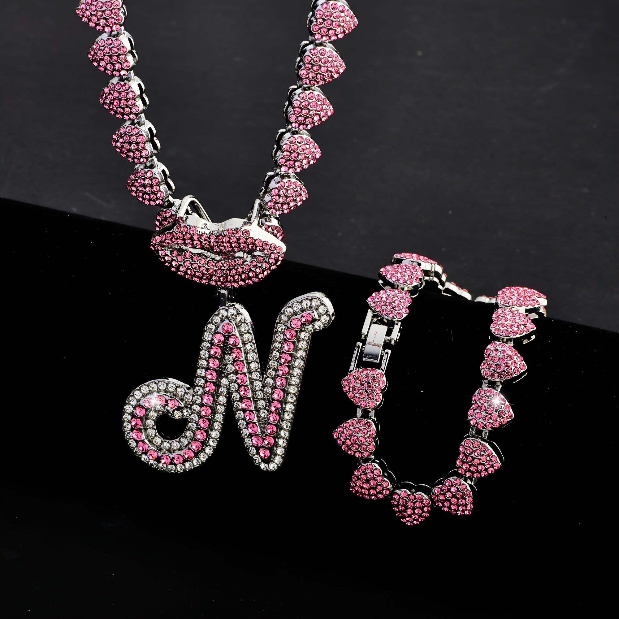 Hip Hop Y2K Style Pink Sexy Lips Pendant Necklace and Bracelet Set, A-Z Initials, Rhinestone Inlay, Zinc Alloy, Perfect for Daily Wear or Parties, Ideal Valentine's Day Gift for Men and Women, Hip Hop Jewelry