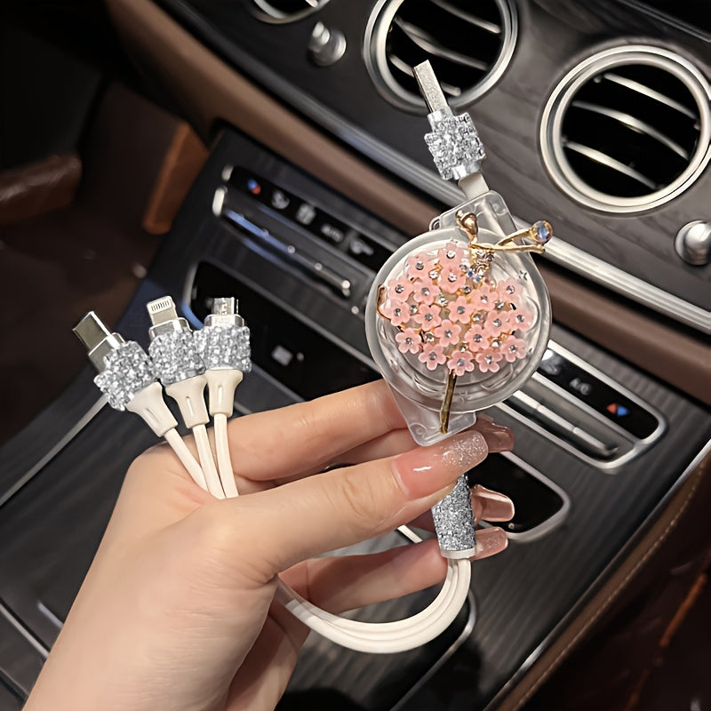 [3-in-1 Fashion USB Charging Cable] 1pc Durcord 3-in-1 Fashion USB Charging Cable, Rhinestone Embellished, Compatible with iPhone 16/15/14/13/12/11, Vivo, Oppo, Xiaomi, Huawei - Trendy Street Style Data Cord without Battery