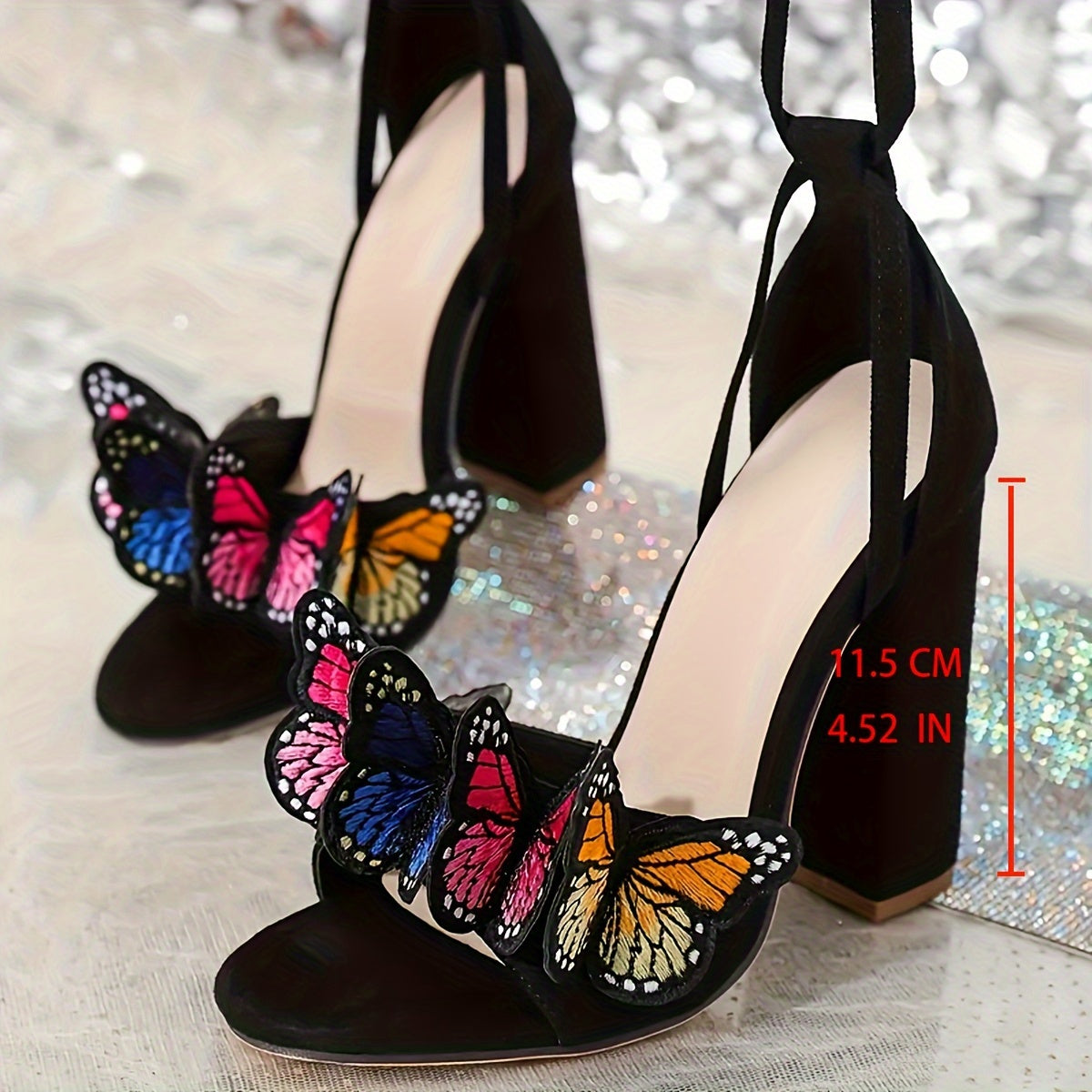 Women's Colorful Butterfly High Heel Sandals, Square Toe With Crisscross Lace-Up Ankle Straps, Chunky Heel Party Sandals