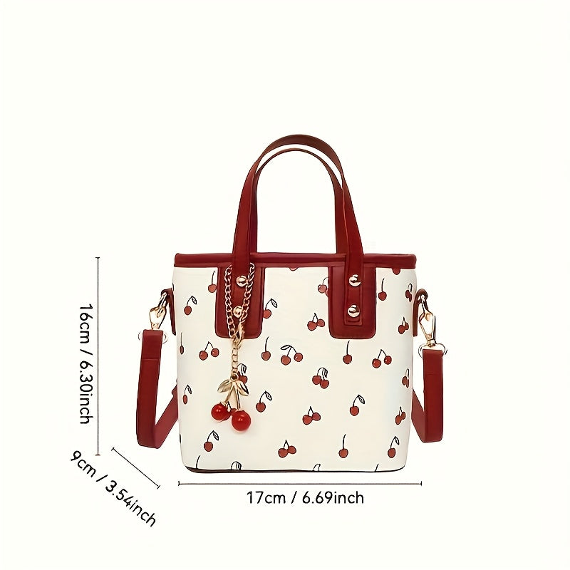 Women's Cherry Pattern Bucket Bag with Detachable Charm, Zipper Closure, Large Capacity Fashionable Crossbody Bag in Red/White, Perfect for Shopping, Commuting, or Gift Giving, Versatile Crossbody Bag | Playful Cherry Design