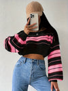 [Boat Neck Striped Pullover] Striped Boat Neck Pullover Sweater, Elegant Lantern Sleeve Drop Shoulder Crop Sweater, Women's Clothing