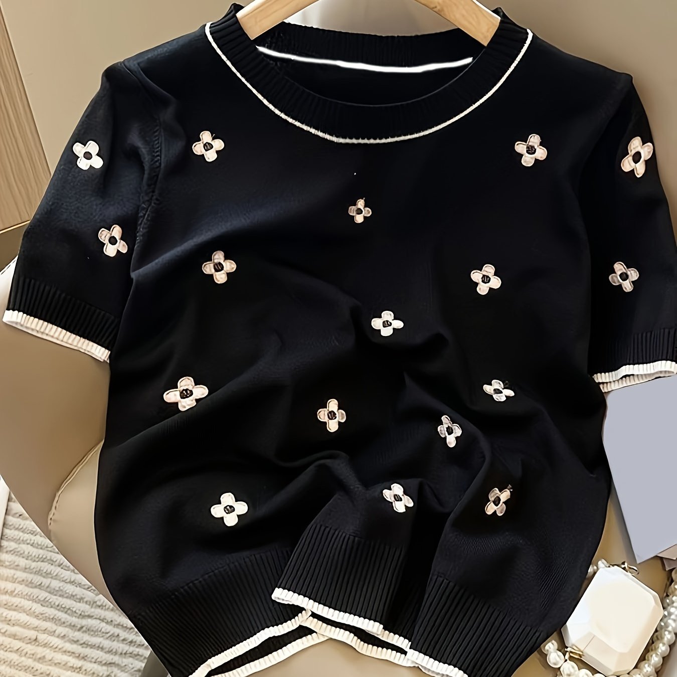 Women's Casual Knit Sweater - Lightweight, Embroidered, Crew Neck, Short Sleeve Top in Contrast Colors