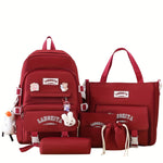 5 - Piece Set of Solid - Color Student Backpack Sets, Large - Capacity And Multifunctional, with Adorable Charms And Badges