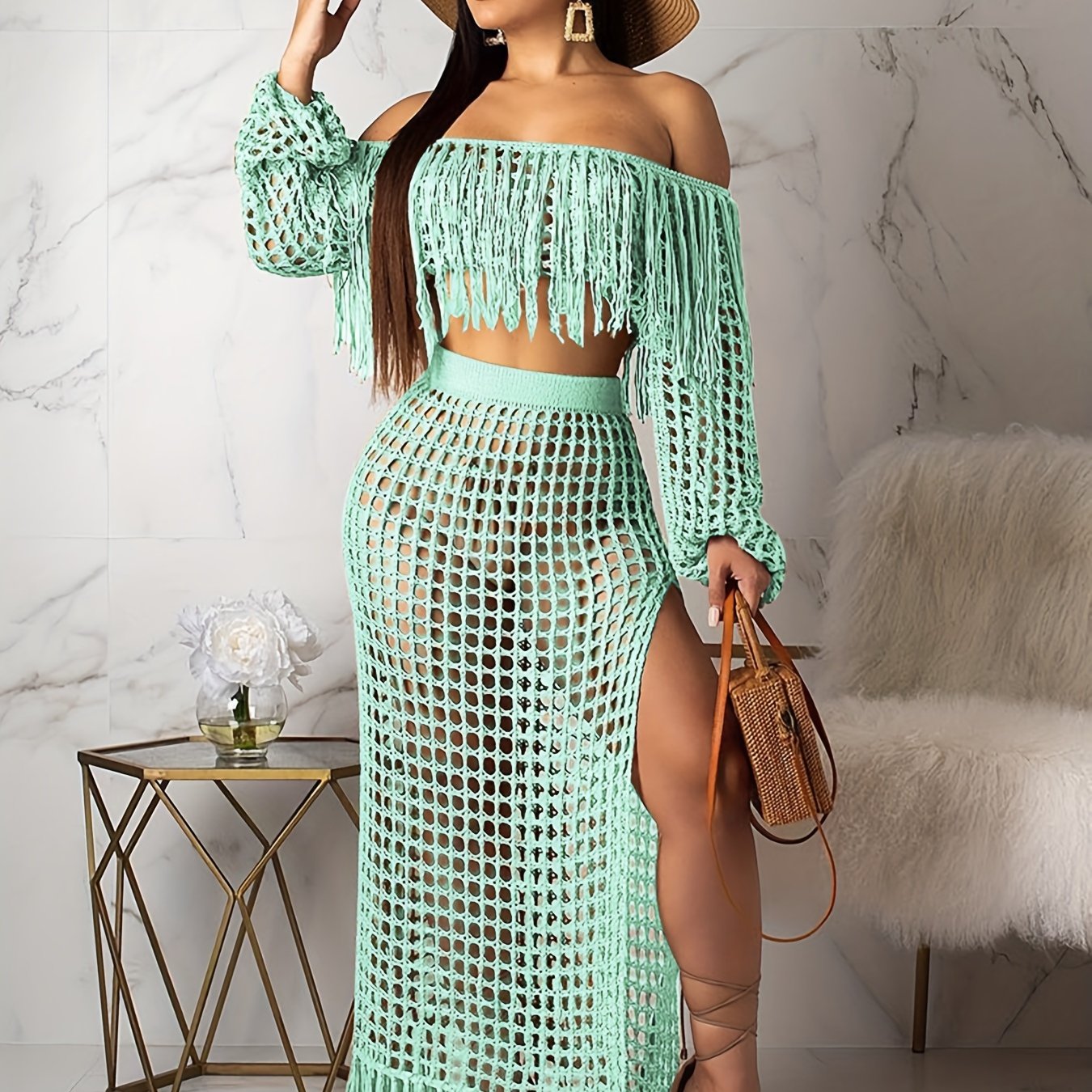 Tassel Trim Hollow Out Sexy Set - Crop Off Shoulder Long Sleeve Top & High Slit High Waist Maxi Skirt - Women's Clothing - For Women - Perfect for Parties & Night Out - Ideal Gift for Her