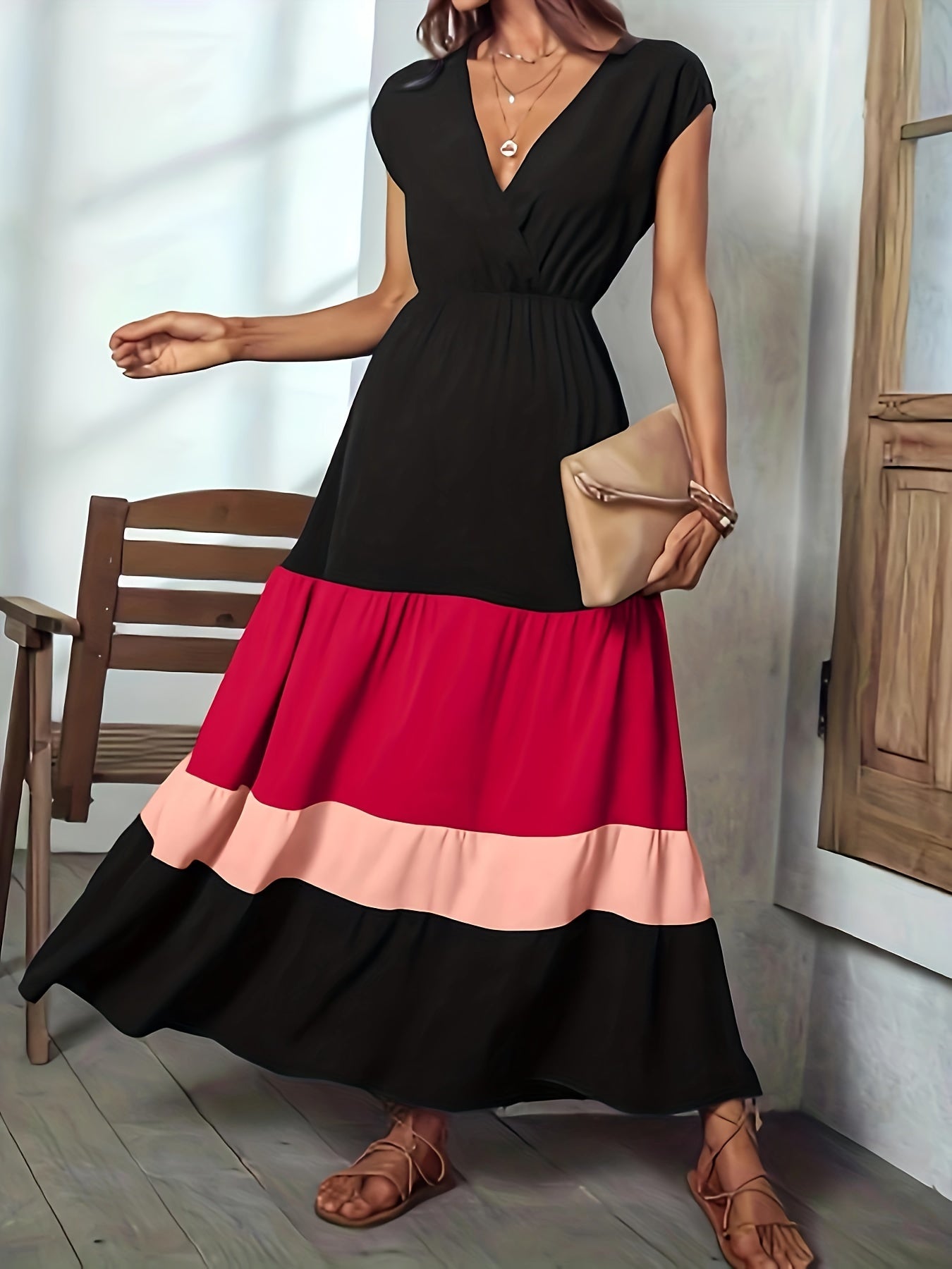 Vibrant Color Block Surplice Neck Maxi Dress - Elegant Sleeveless A-Line Silhouette, Micro Elasticity, Polyester Fabric, Solid Color, Summer Essential - Womens Elegant Clothing for Special Occasions