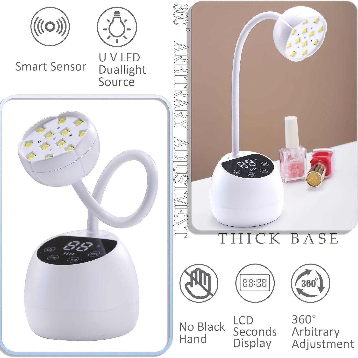 36W Portable UV LED Nail Lamp - Cordless Gel Polish Dryer with Auto Sensor, 3 Timer Settings, LCD Display & Rechargeable USB Battery for Home DIY Manicures, White